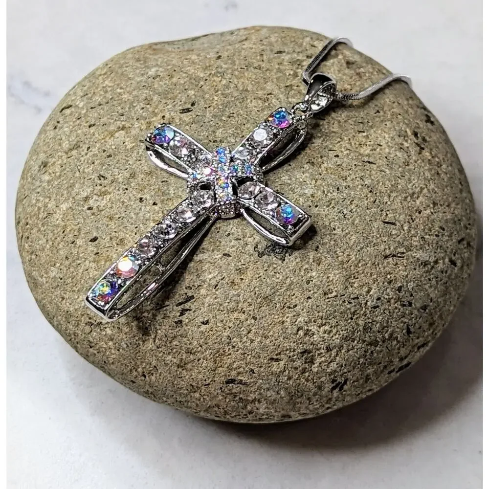 White Gold Plated Crystal Cross Necklace NEW Religious Spiritual Gift